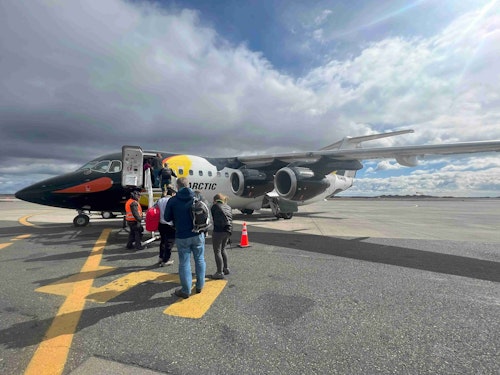 Boarding the charter plane to Antarctica, Jacqui Henderson
