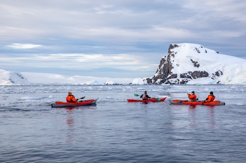 3 groups of kayakers in icy antarctic waters