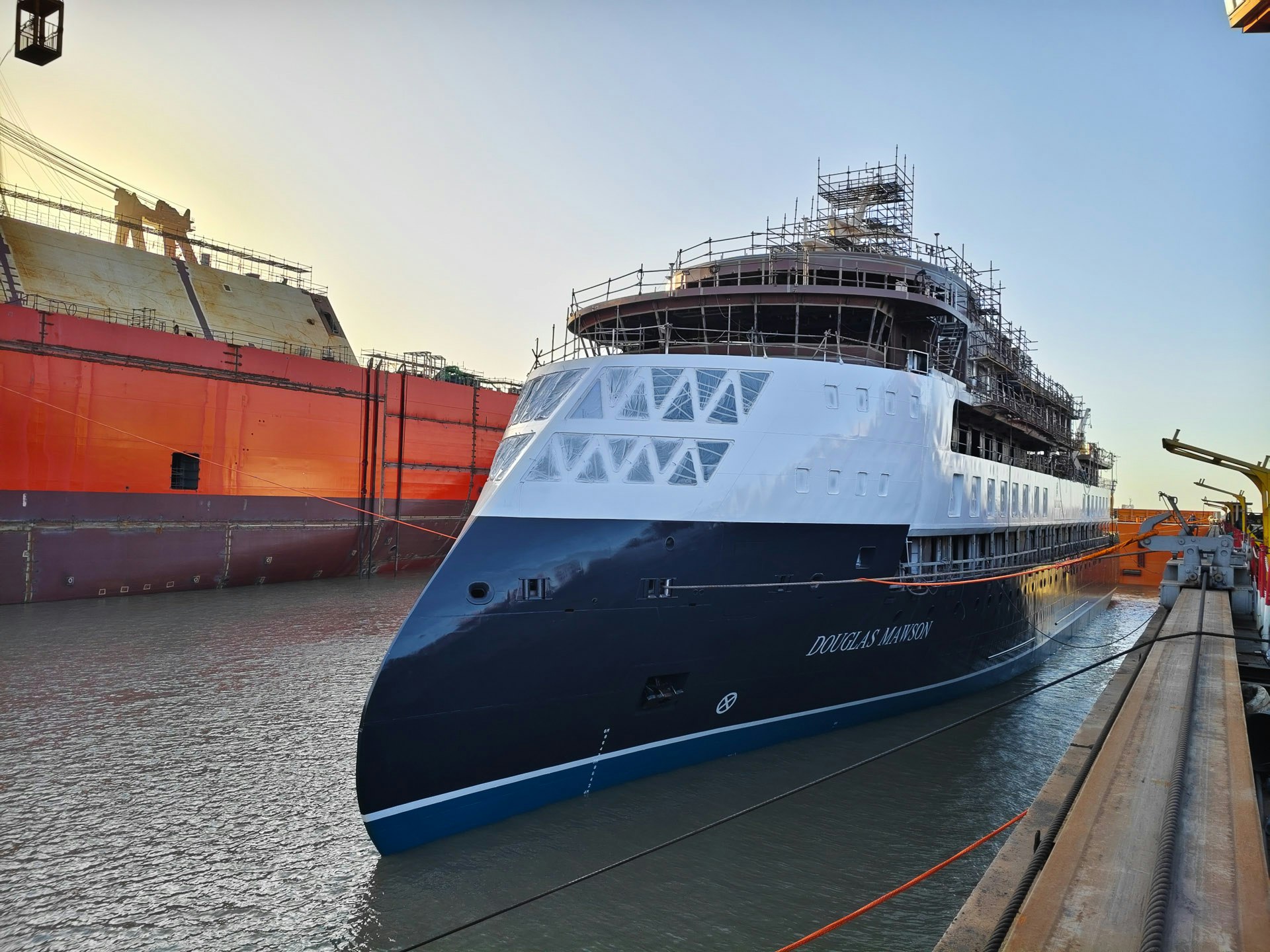 Douglas Mawson in build dock during the final stages of construction.