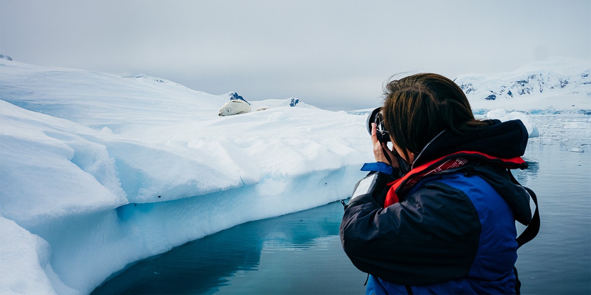 Photographer taking a photo of a seal on an iceberg