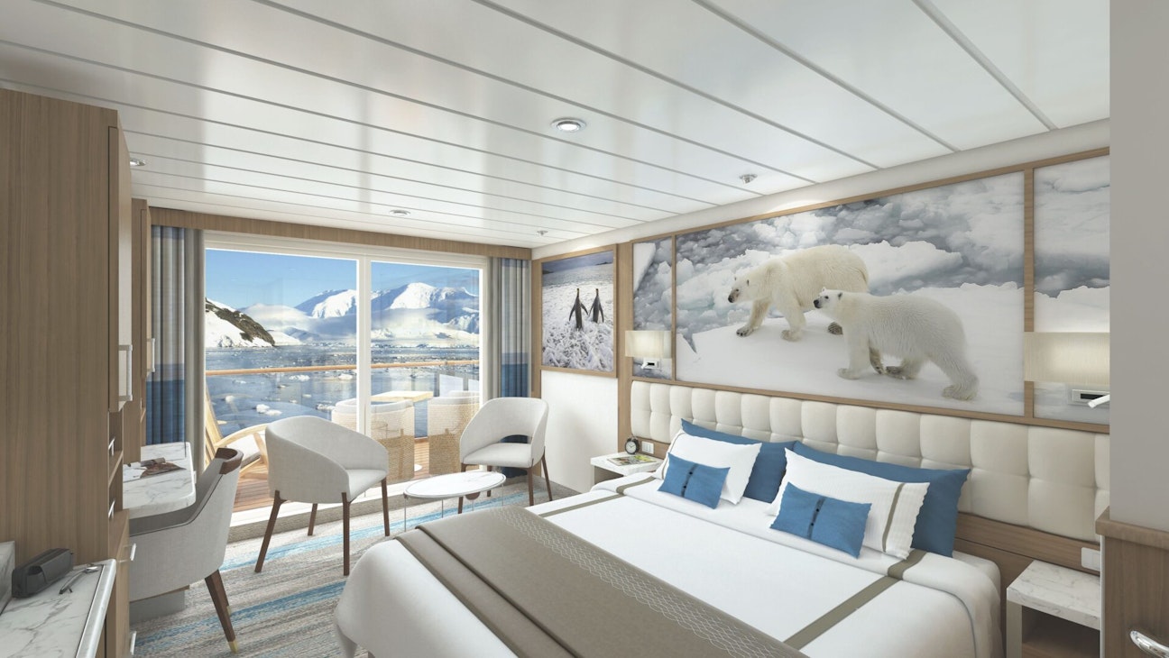 Balcony cabin on Antarctica expedition cruise ship